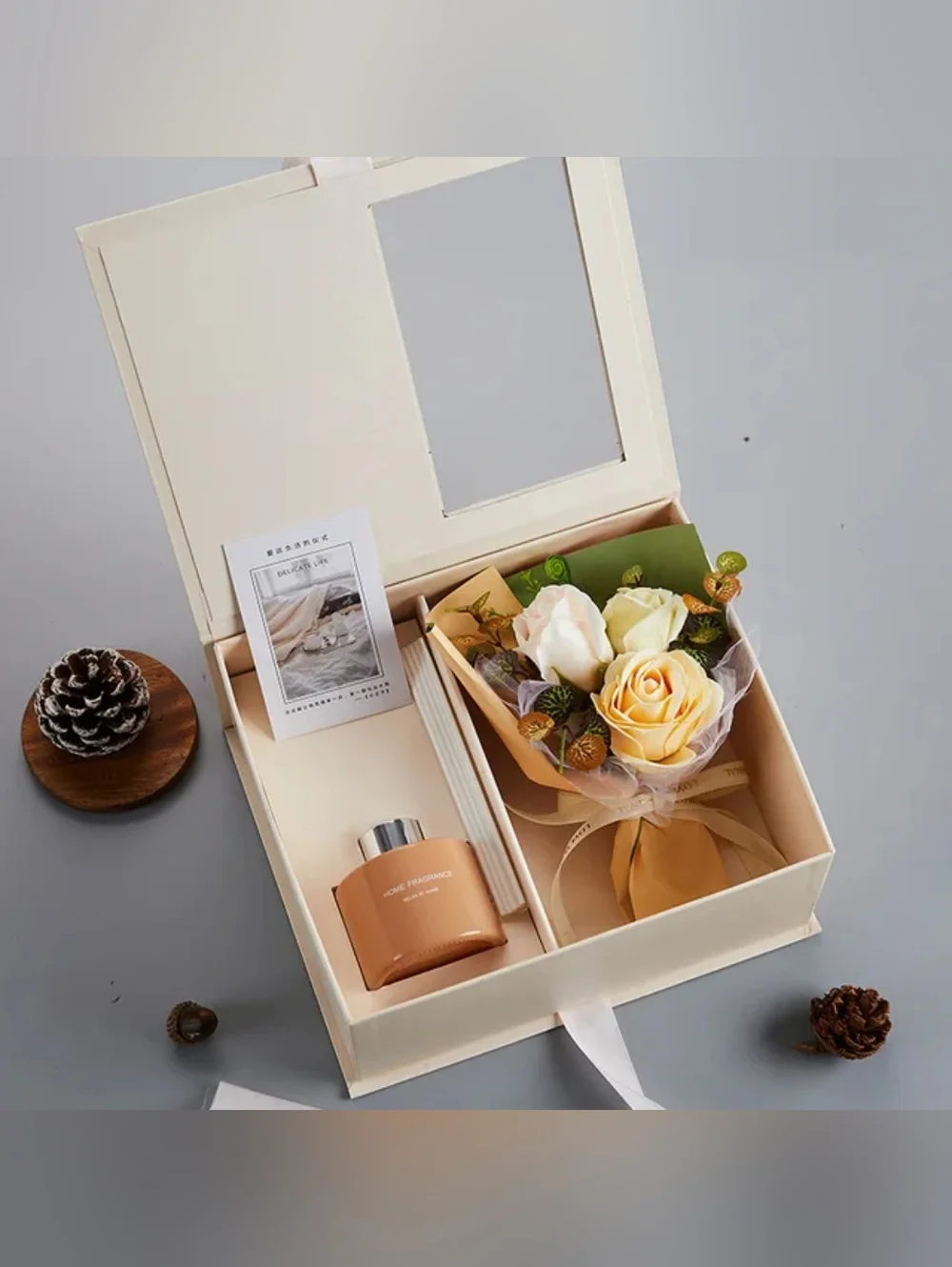 Luxury Gift Box with Reed Diffuser & Soap Flower Bouquet – Champagne